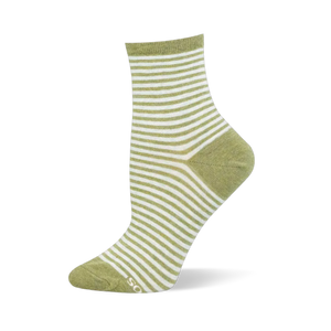 Light green and white horizontally striped ankle sock on a foot mannequin, featuring a solid green heel and toe.
