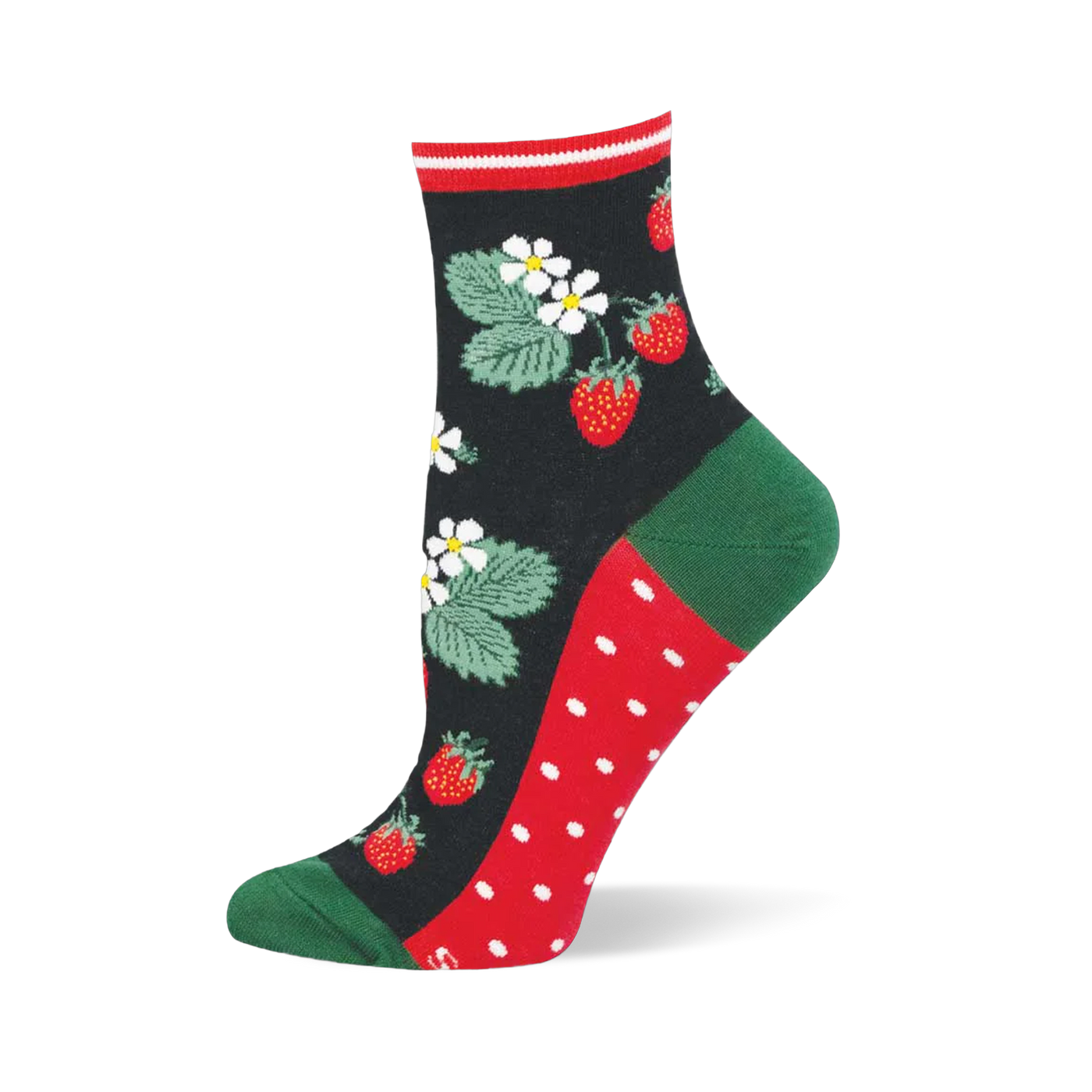 Black sock showing red strawberries, green leaves, and white flowers. Green heel and toe, red and white polka dot sole.