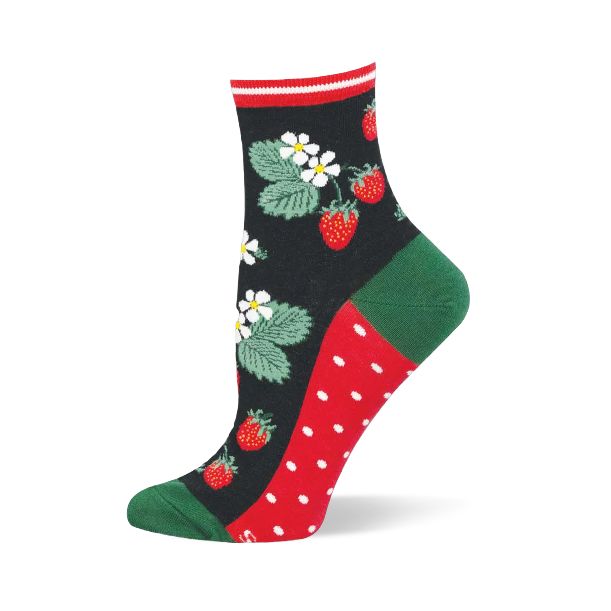 Black sock showing red strawberries, green leaves, and white flowers. Green heel and toe, red and white polka dot sole.