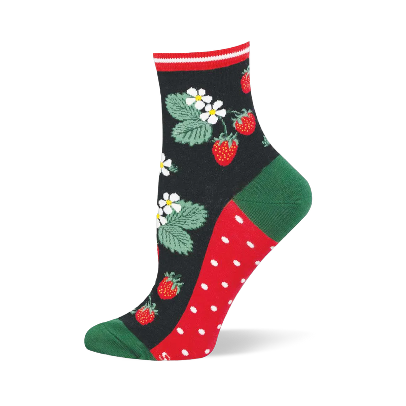 Black sock showing red strawberries, green leaves, and white flowers. Green heel and toe, red and white polka dot sole.