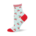 Quarter sock with a light pastel background, red cherry pattern with green leaves, red heel and toe, and a red striped cuff.
