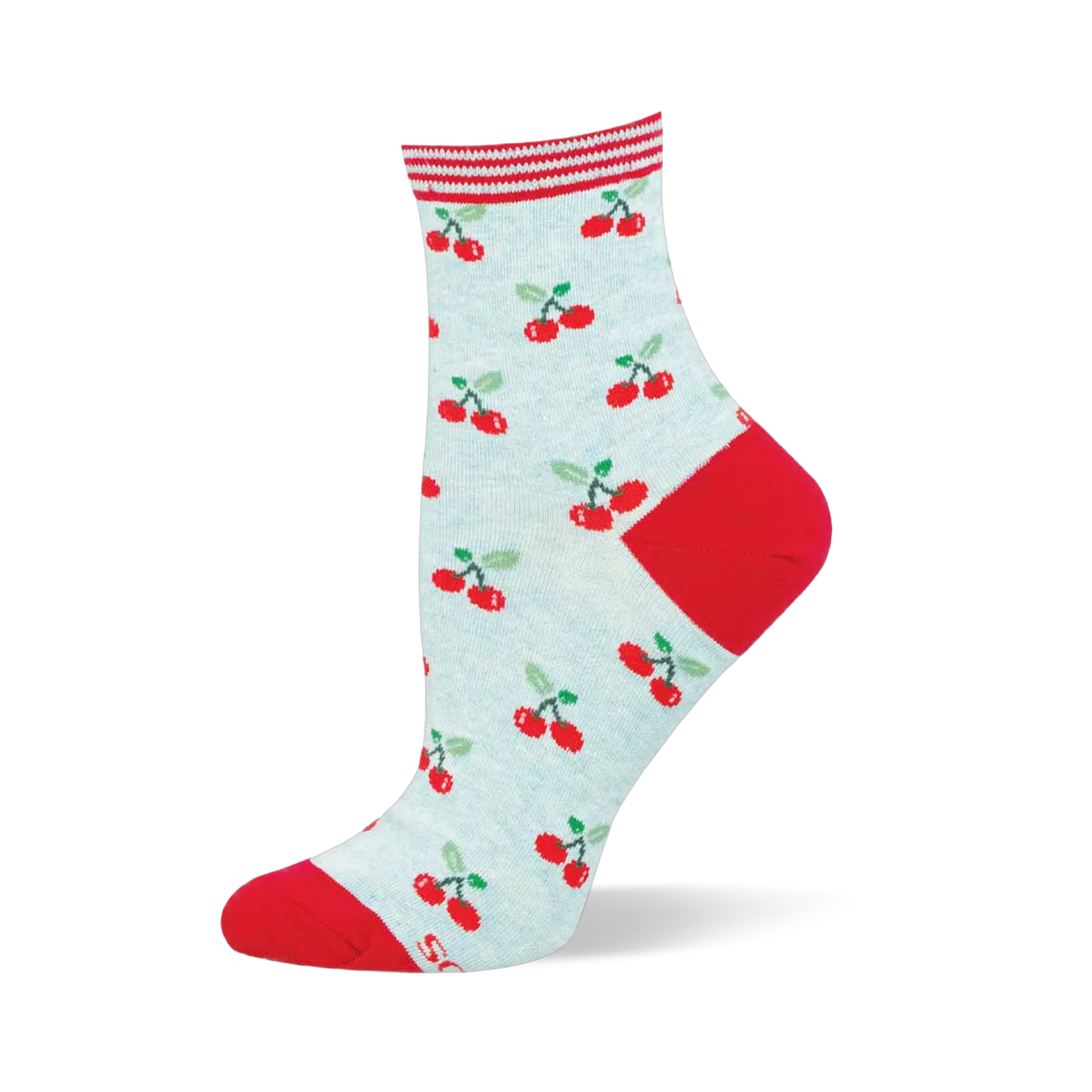 Quarter sock with a light pastel background, red cherry pattern with green leaves, red heel and toe, and a red striped cuff.
