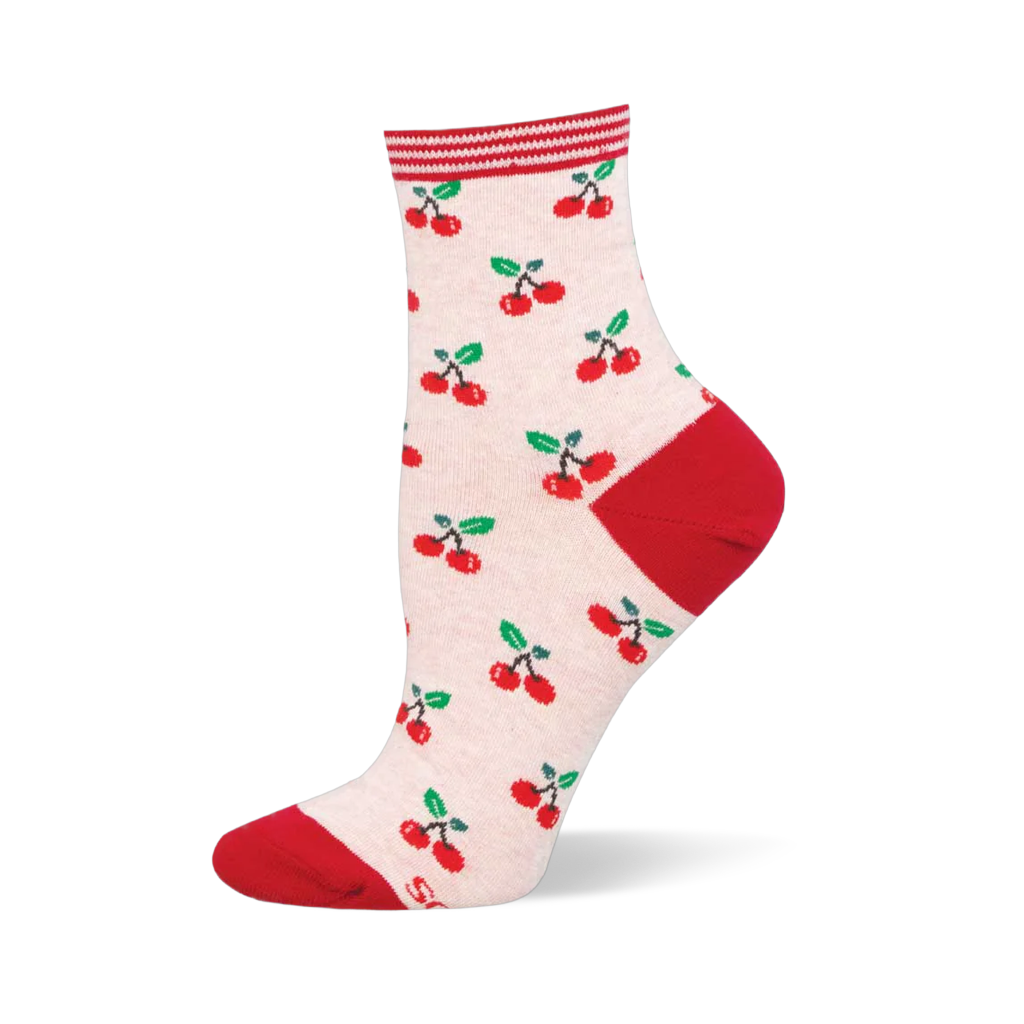Short sock on a cream background featuring a red cherry pattern, solid red heel and toe, and a red and white striped cuff.