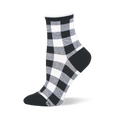 Short black and white gingham plaid sock with large squares, a solid black heel, solid black toe, and ribbed black cuff.