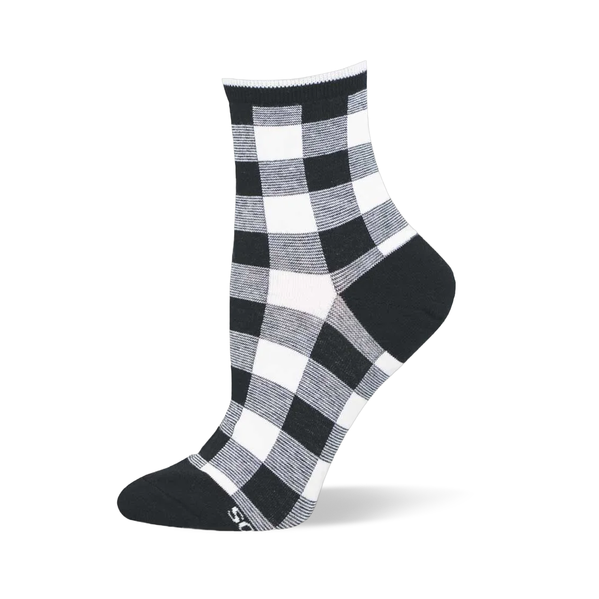 Short black and white gingham plaid sock with large squares, a solid black heel, solid black toe, and ribbed black cuff.
