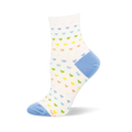 White sock featuring a repeating pattern of tiny pastel-colored hearts with a contrasting light blue heel and toe.