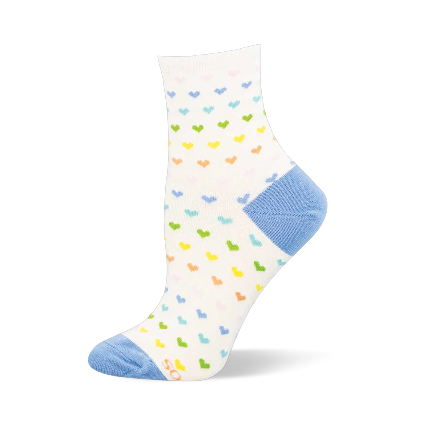 White sock featuring a repeating pattern of tiny pastel-colored hearts with a contrasting light blue heel and toe.