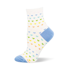 White sock featuring a repeating pattern of tiny pastel-colored hearts with a contrasting light blue heel and toe.