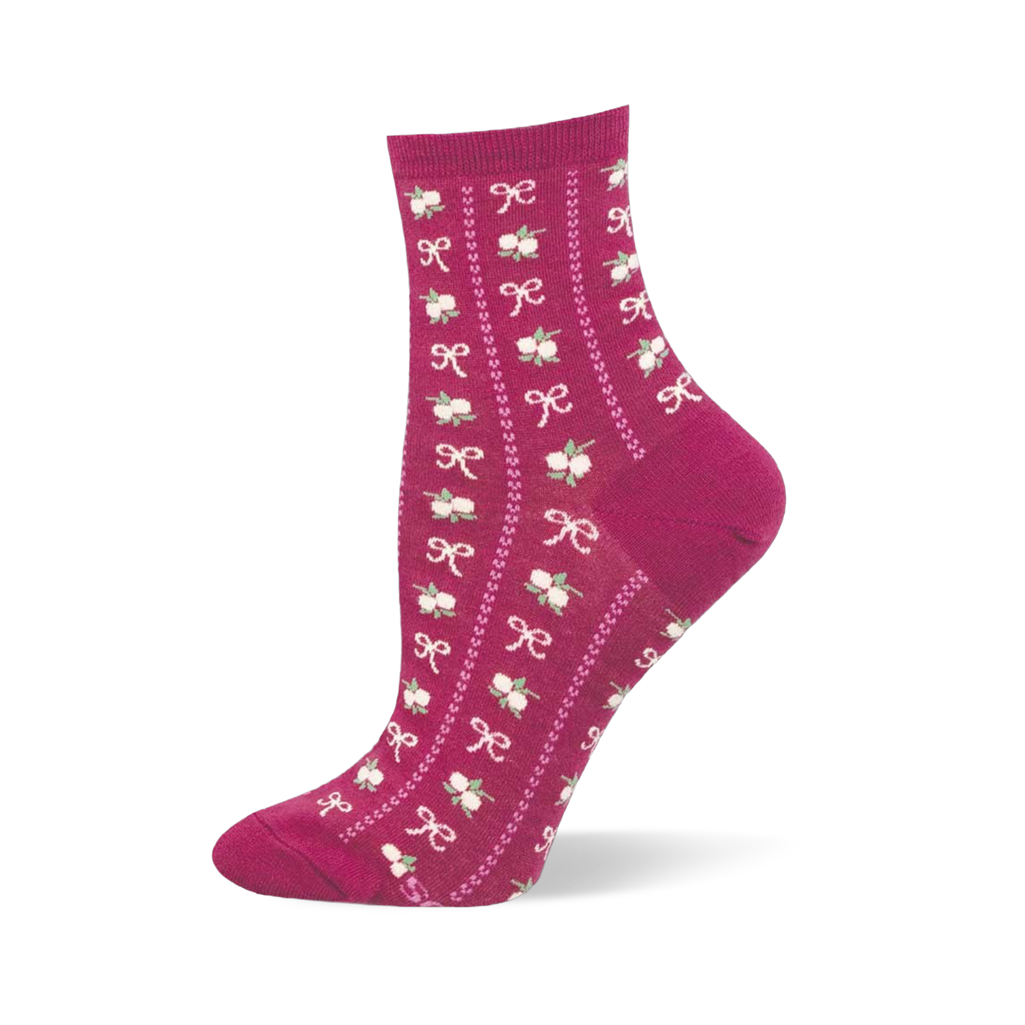 Close up detail of a blue sock showing the knitted texture of small pink bows and green and pink floral bouquets.