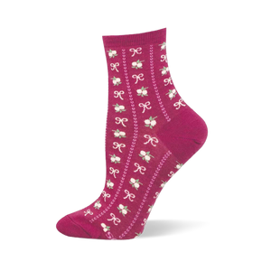 Close up detail of a blue sock showing the knitted texture of small pink bows and green and pink floral bouquets.