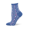 Heather blue crew sock featuring vertical white dotted lines separating columns of small pink bows and floral bouquets.