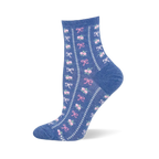 Heather blue crew sock featuring vertical white dotted lines separating columns of small pink bows and floral bouquets.