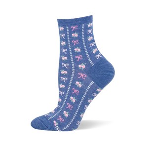 Heather blue crew sock featuring vertical white dotted lines separating columns of small pink bows and floral bouquets.