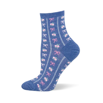 Heather blue crew sock featuring vertical white dotted lines separating columns of small pink bows and floral bouquets.