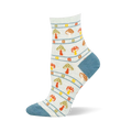 Light blue crew sock with dusty blue heel and toe. Features horizontal stripes, floral squares, and speckled mushrooms.