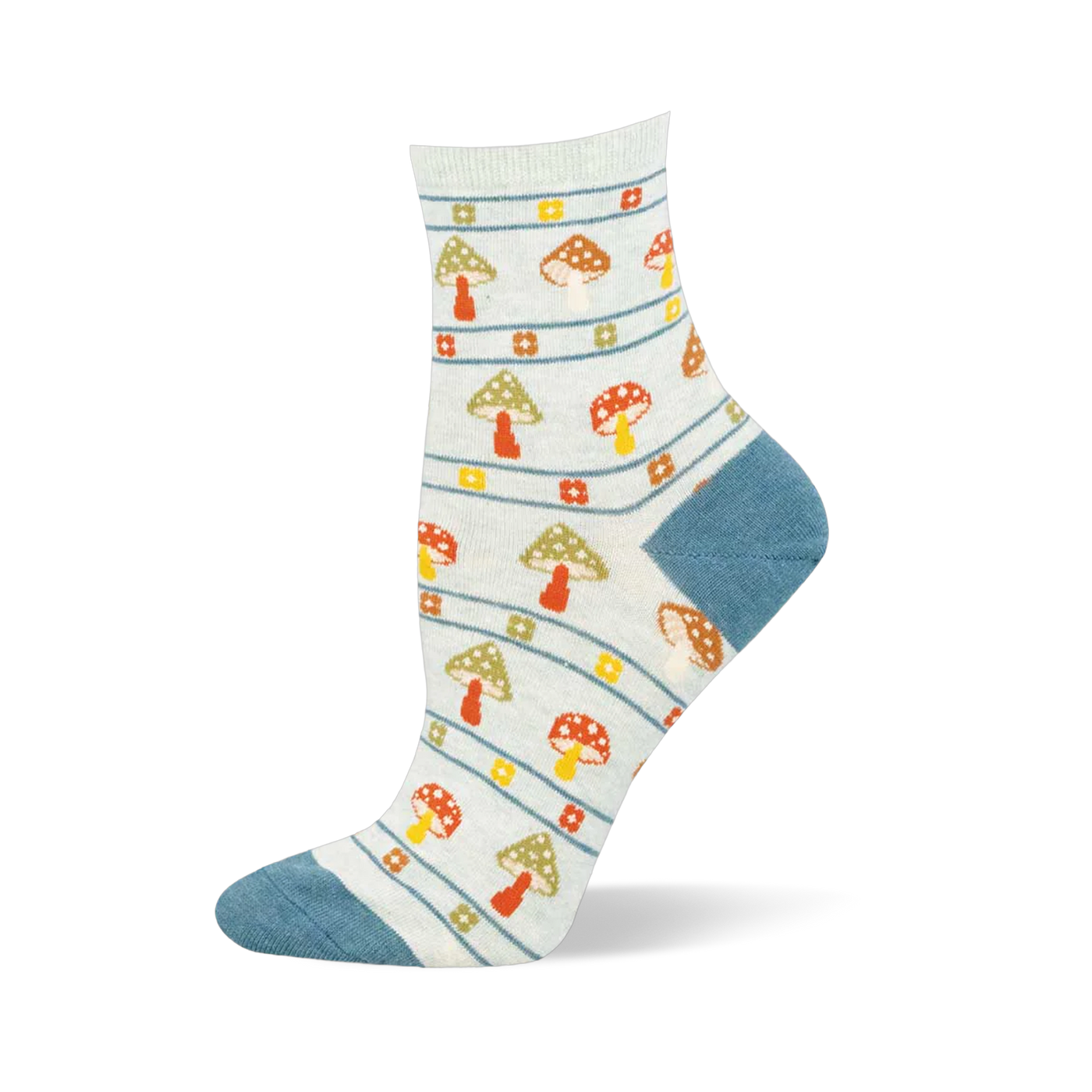 Light blue crew sock with dusty blue heel and toe. Features horizontal stripes, floral squares, and speckled mushrooms.