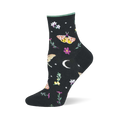 Black ankle sock featuring a pattern of colorful moths, purple and white flowers, a white crescent moon, and tiny stars.