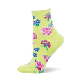 Light green sock with a cottage garden pattern showing pink roses, small blue flowers, magenta clusters, and green leaves.