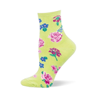 Light green sock with a cottage garden pattern showing pink roses, small blue flowers, magenta clusters, and green leaves.