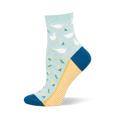 Light blue quarter sock with white geese and yellow flowers, featuring a dark blue heel and toe with yellow sole stripes.