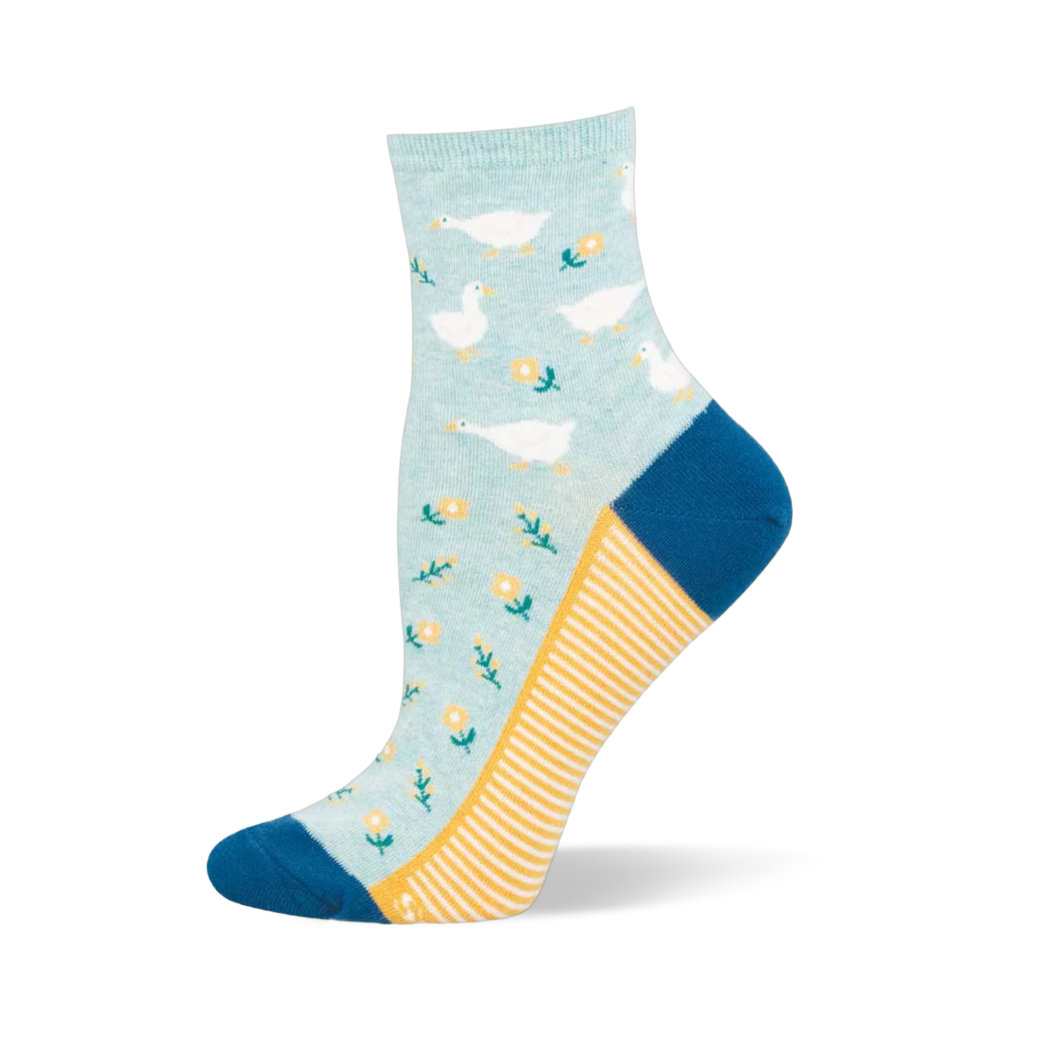 Light blue quarter sock with white geese and yellow flowers, featuring a dark blue heel and toe with yellow sole stripes.