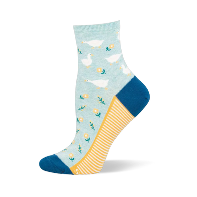 Light blue quarter sock with white geese and yellow flowers, featuring a dark blue heel and toe with yellow sole stripes.