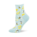 Light blue crew sock with yellow and black bees, golden honeycombs, yellow wildflowers, and white daisies.