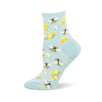Light blue crew sock with yellow and black bees, golden honeycombs, yellow wildflowers, and white daisies.