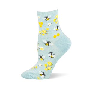 Light blue crew sock with yellow and black bees, golden honeycombs, yellow wildflowers, and white daisies.