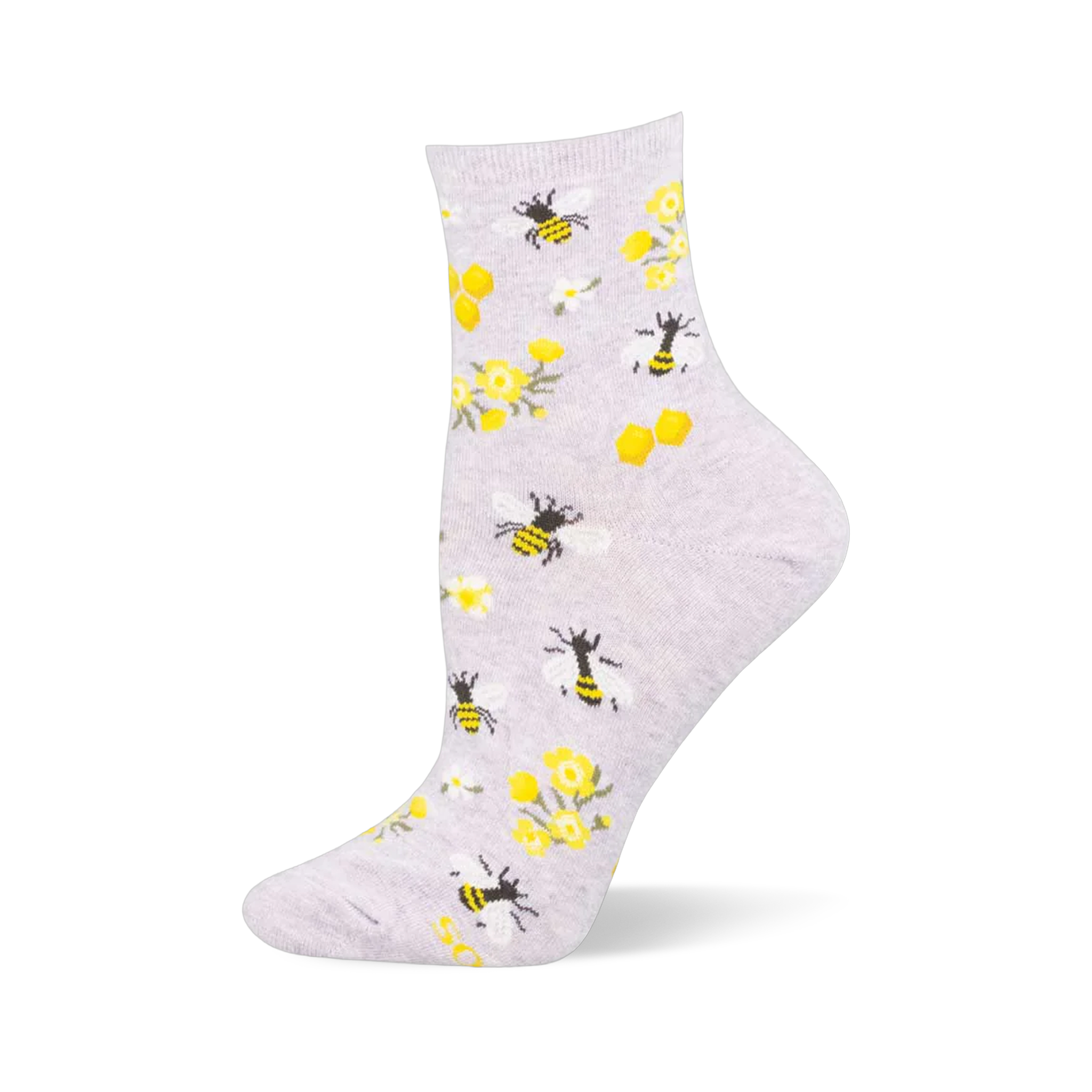 Light grey crew sock with yellow and black bees, golden honeycombs, yellow wildflowers, and white daisies.
