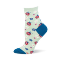 Light mint green crew sock featuring a pattern of red ladybugs and colorful small flowers, with a dark blue toe and heel.