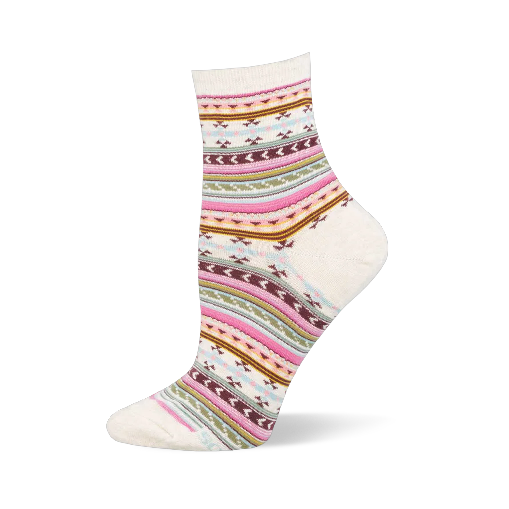 Cream crew sock with horizontal serape stripes and geometric patterns in pink, green, maroon, brown, and light blue.