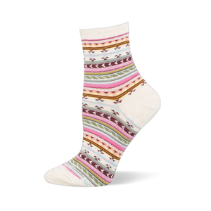 Cream crew sock with horizontal serape stripes and geometric patterns in pink, green, maroon, brown, and light blue.