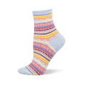 Light blue crew sock featuring horizontal serape stripes and geometric patterns in pink, yellow, maroon, and white.