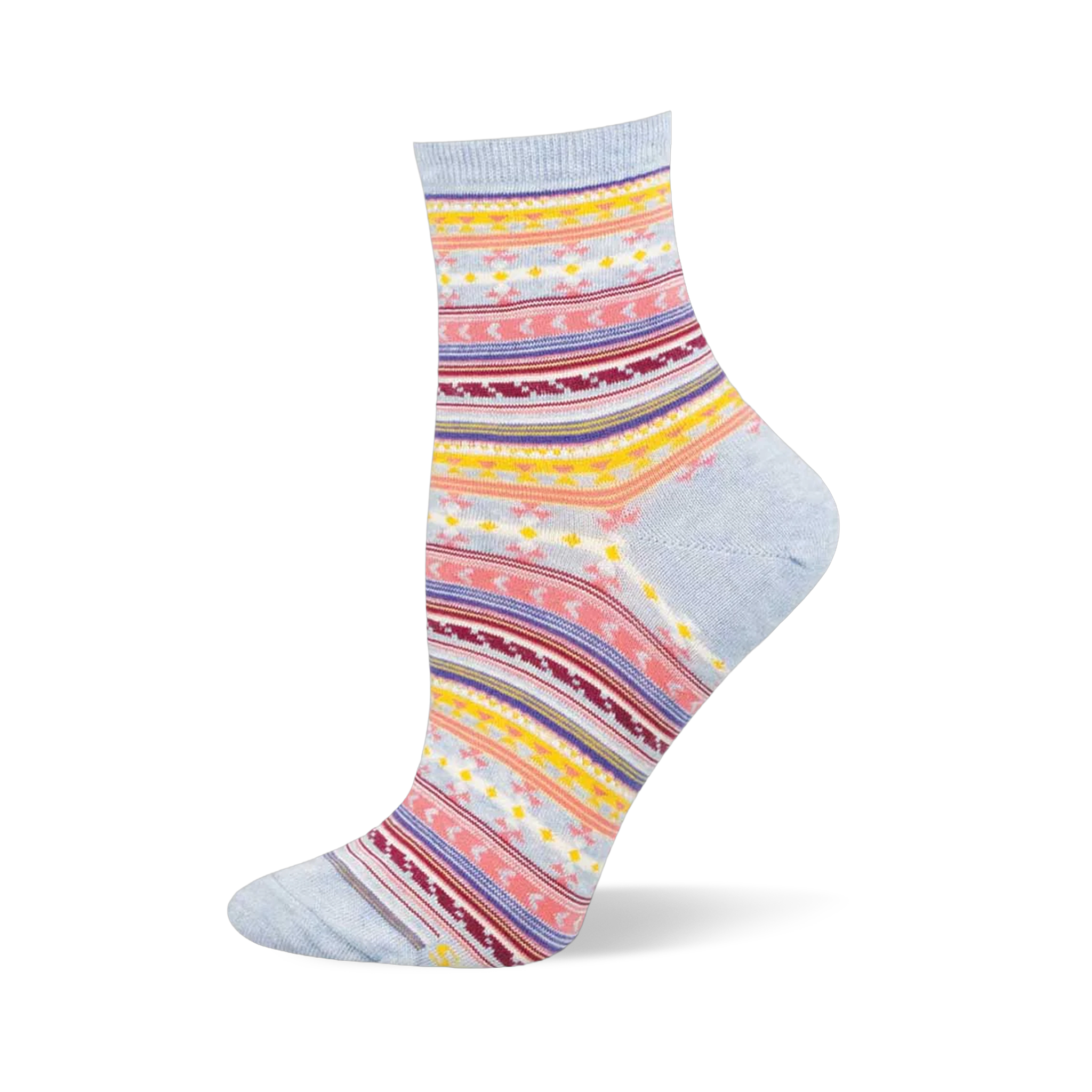 Light blue crew sock featuring horizontal serape stripes and geometric patterns in pink, yellow, maroon, and white.