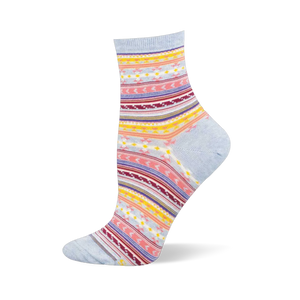 Light blue crew sock featuring horizontal serape stripes and geometric patterns in pink, yellow, maroon, and white.