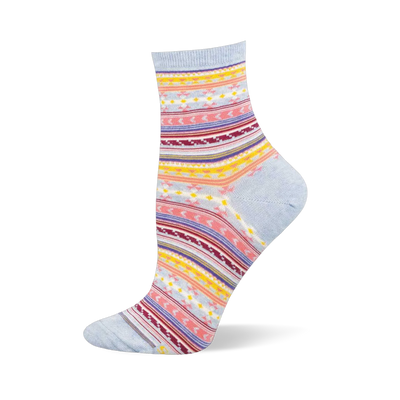 Light blue crew sock featuring horizontal serape stripes and geometric patterns in pink, yellow, maroon, and white.