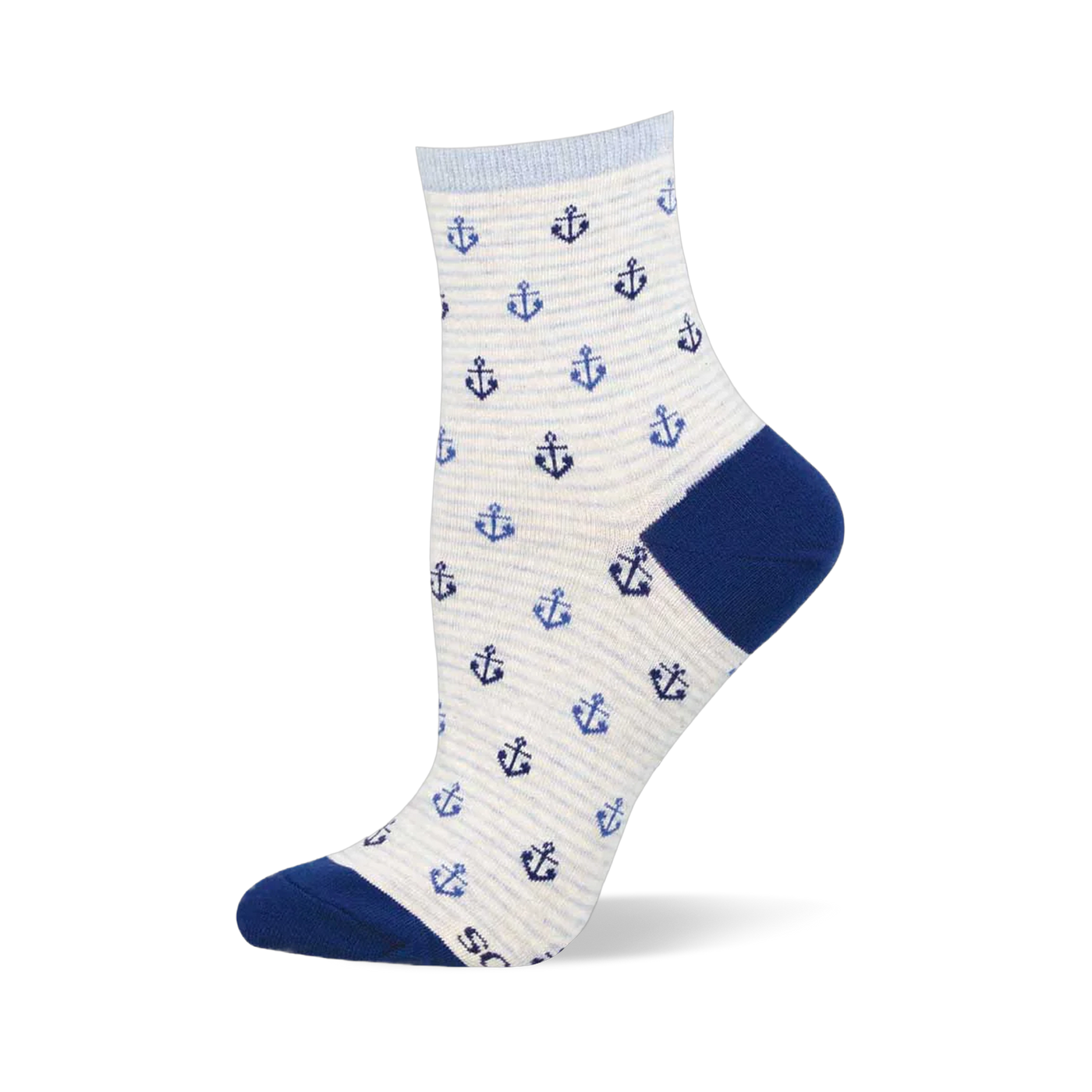 Cream sock with thin light blue stripes and a pattern of small dark and light blue anchors. Navy blue heel and toe sections.