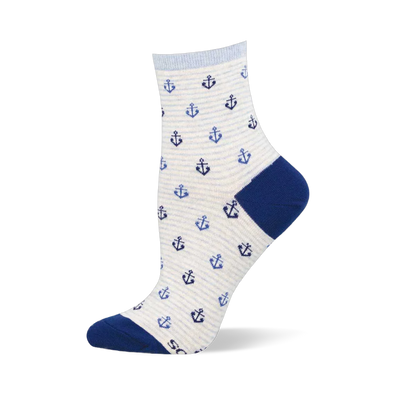 Cream sock with thin light blue stripes and a pattern of small dark and light blue anchors. Navy blue heel and toe sections.
