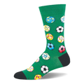 Green crew sock featuring a pattern of colorful soccer balls in pink, yellow, blue, and black, with a black heel and toe.