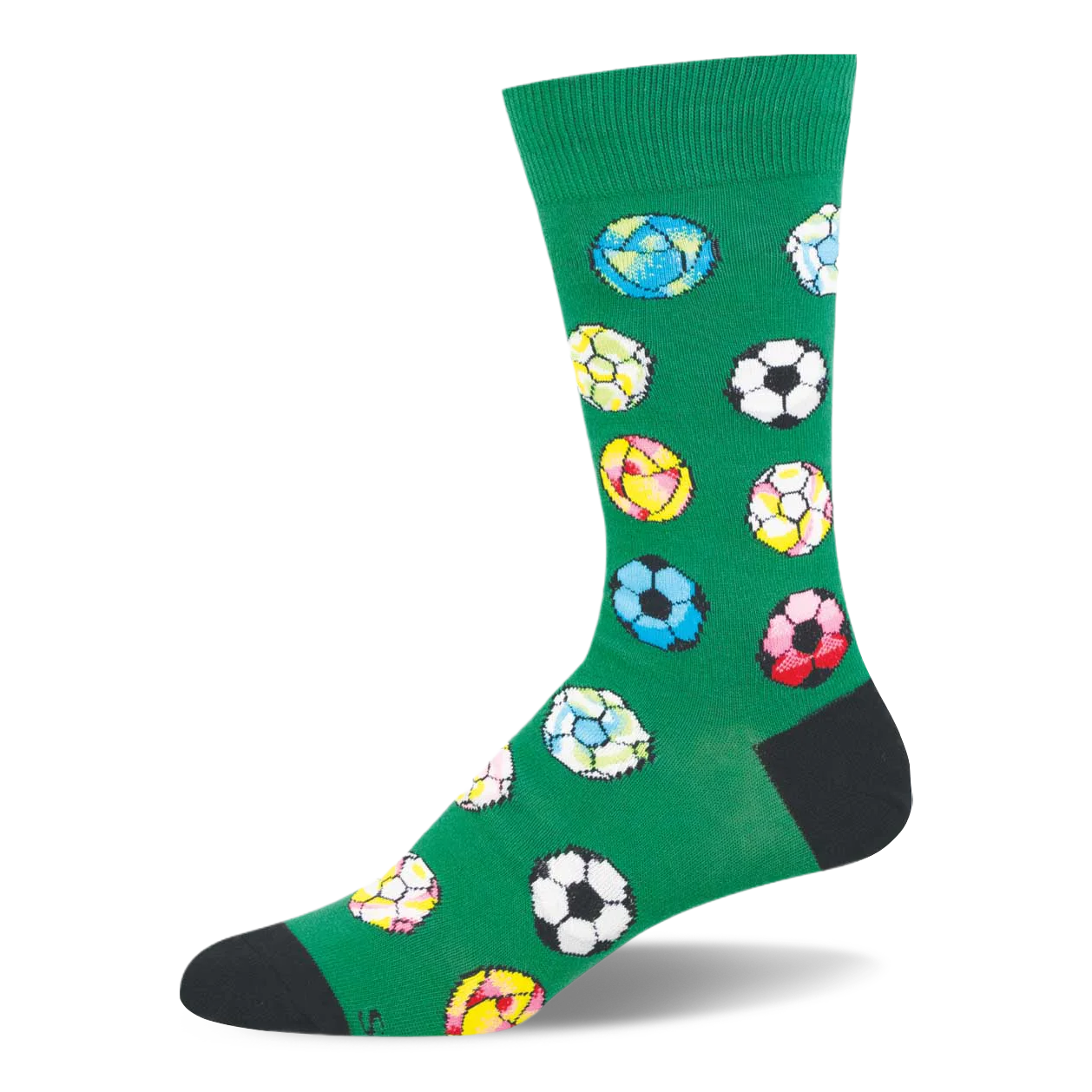 Green crew sock featuring a pattern of colorful soccer balls in pink, yellow, blue, and black, with a black heel and toe.