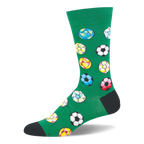 Green crew sock featuring a pattern of colorful soccer balls in pink, yellow, blue, and black, with a black heel and toe.