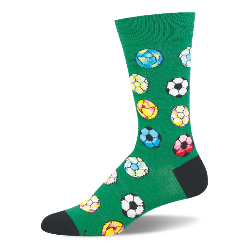 Green crew sock featuring a pattern of colorful soccer balls in pink, yellow, blue, and black, with a black heel and toe.