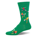 Bright green crew sock with a pattern of retro pixelated soccer players in colorful uniforms kicking black and white balls.