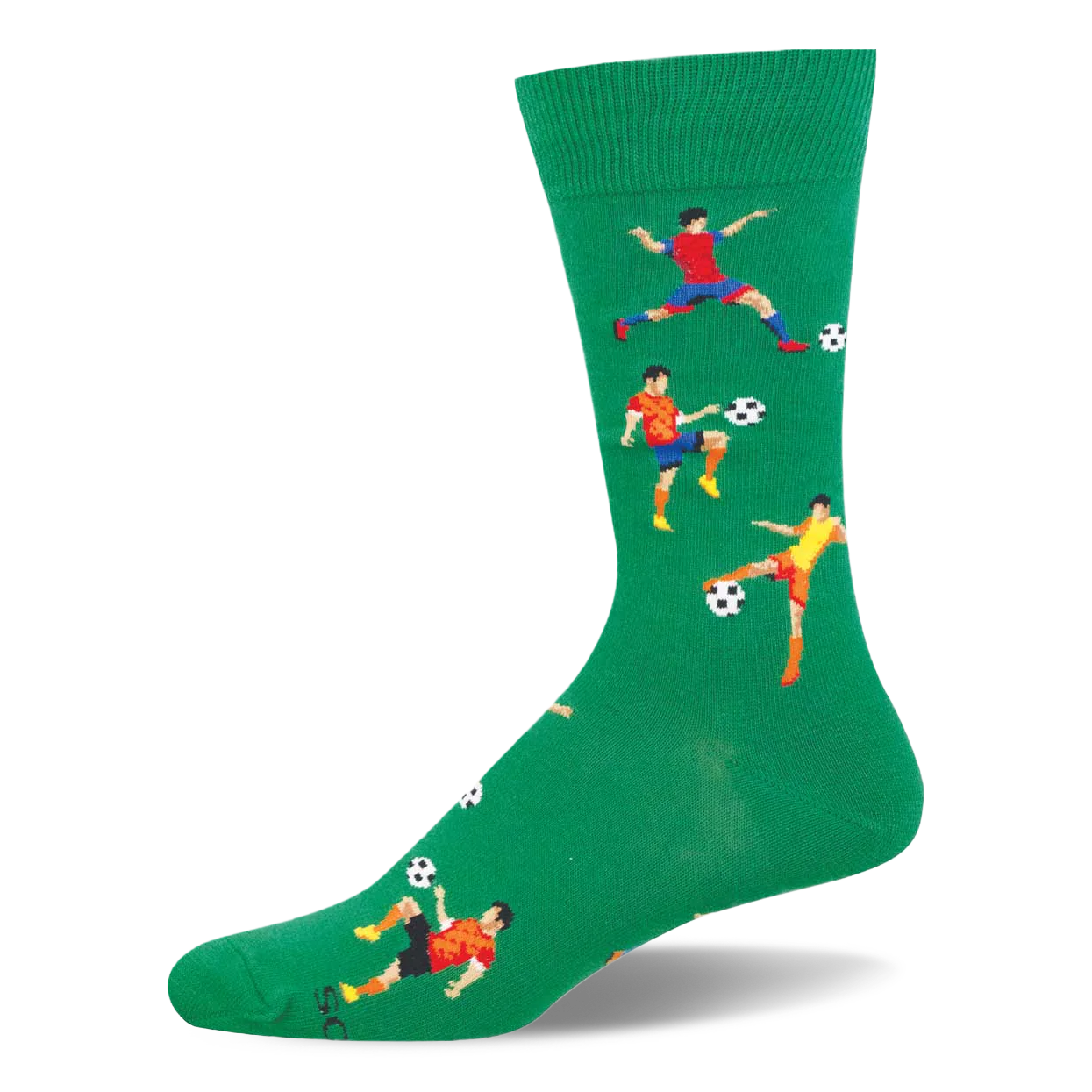 Bright green crew sock with a pattern of retro pixelated soccer players in colorful uniforms kicking black and white balls.
