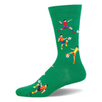 Bright green crew sock with a pattern of retro pixelated soccer players in colorful uniforms kicking black and white balls.
