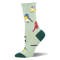 Light green crew sock with dark green toe and heel, featuring a colorful pattern of birds wearing nerdy glasses and cameras.