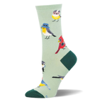 Light green crew sock with dark green toe and heel, featuring a colorful pattern of birds wearing nerdy glasses and cameras.