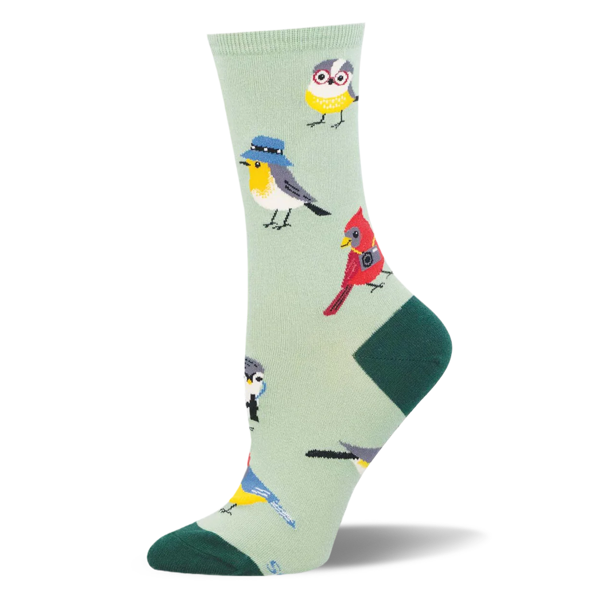 Light green crew sock with dark green toe and heel, featuring a colorful pattern of birds wearing nerdy glasses and cameras.
