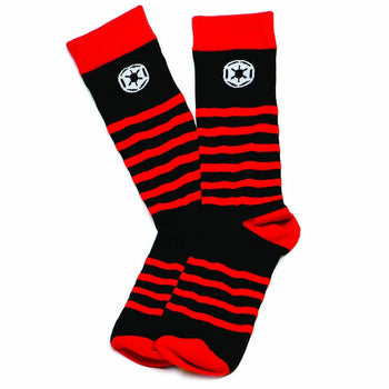 Pair of black and red striped crew socks.  Red cuffs and Imperial symbol on the top.